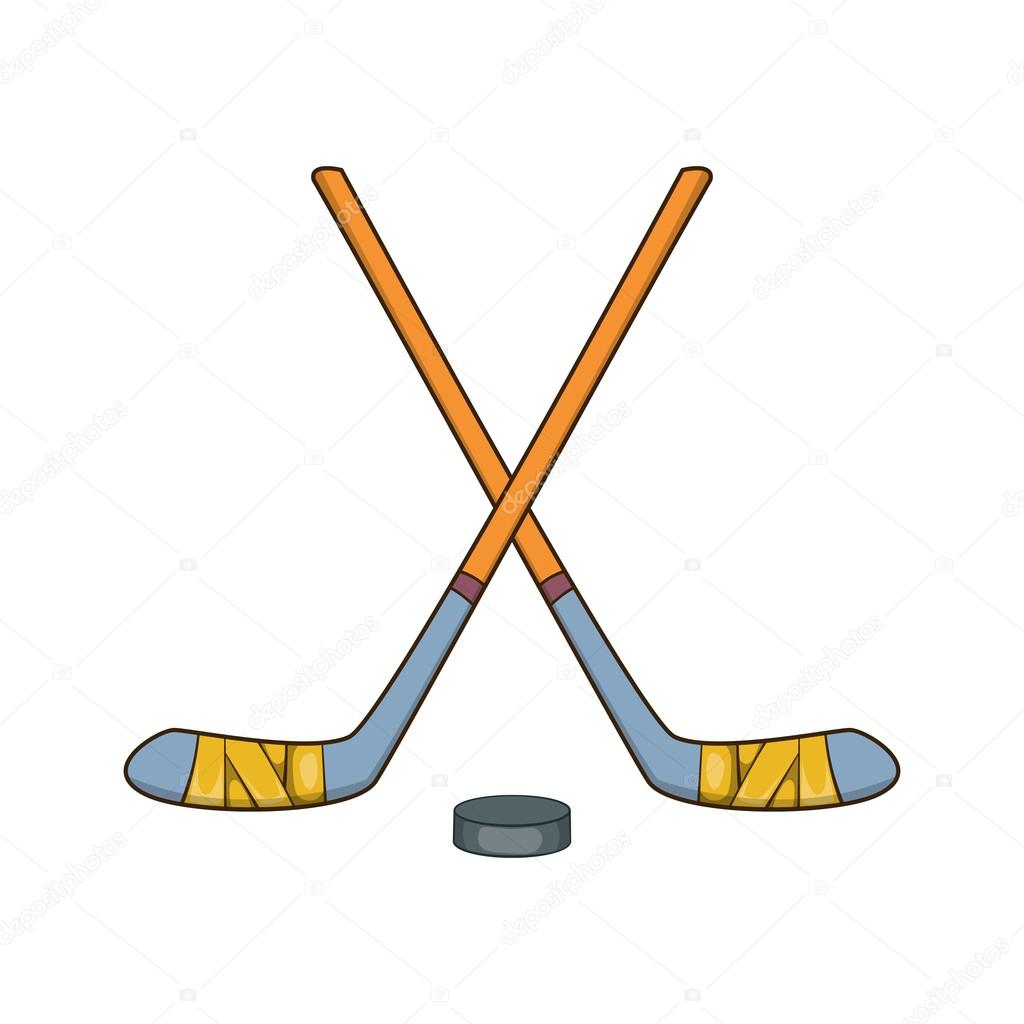 Hockey sticks and puck icon, cartoon style