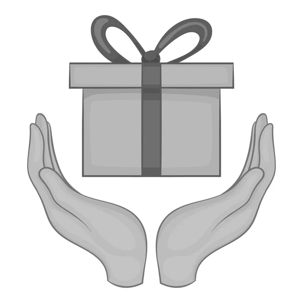 Mano sosteniendo un icono de regalo, estilo monocromo negro — Vector de stock