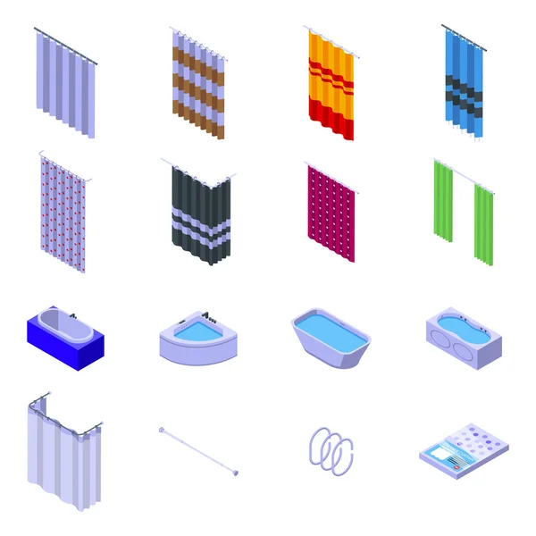 Ensemble d'icônes de rideau de douche, style isométrique — Image vectorielle