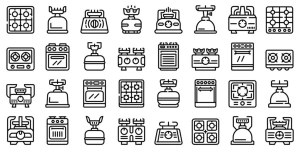 Burning gas stove icons set, outline style — Stock Vector