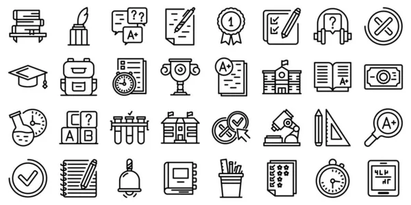 Conjunto de iconos de prueba de escuela, estilo de esquema — Archivo Imágenes Vectoriales