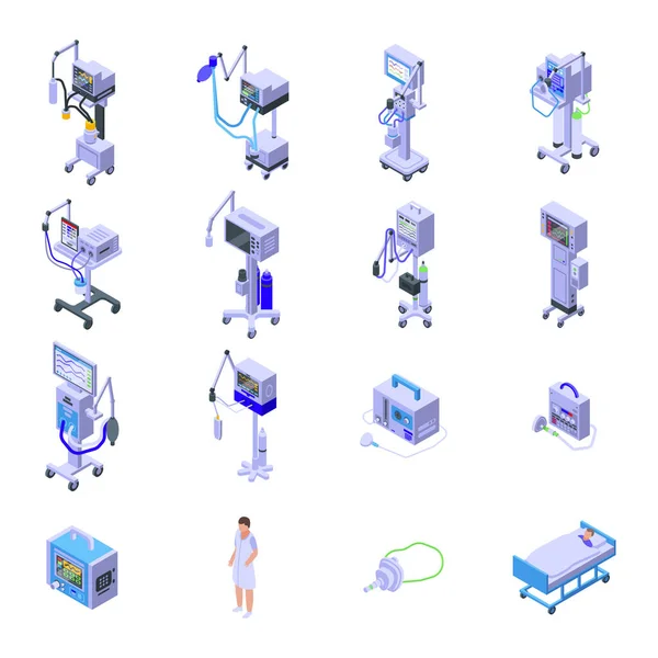 Conjunto de ícones de máquina médica ventilador, estilo isométrico — Vetor de Stock