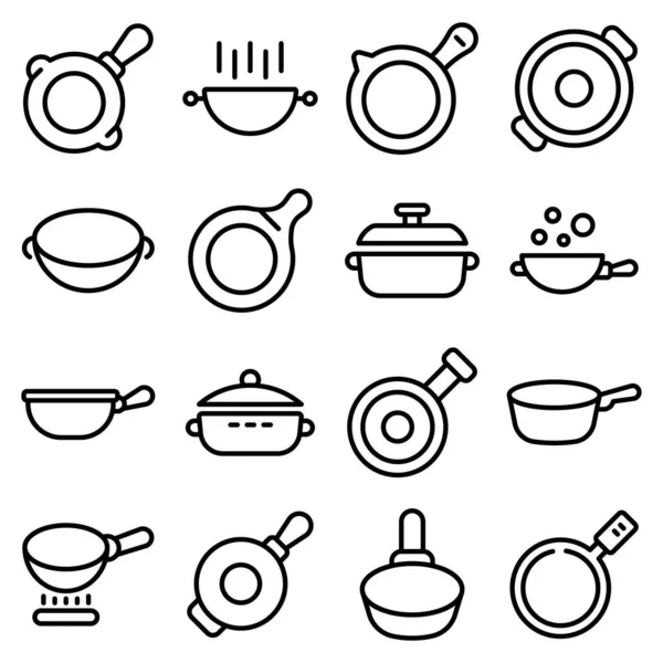 Wok frying pan icons set, outline style — Stock Vector