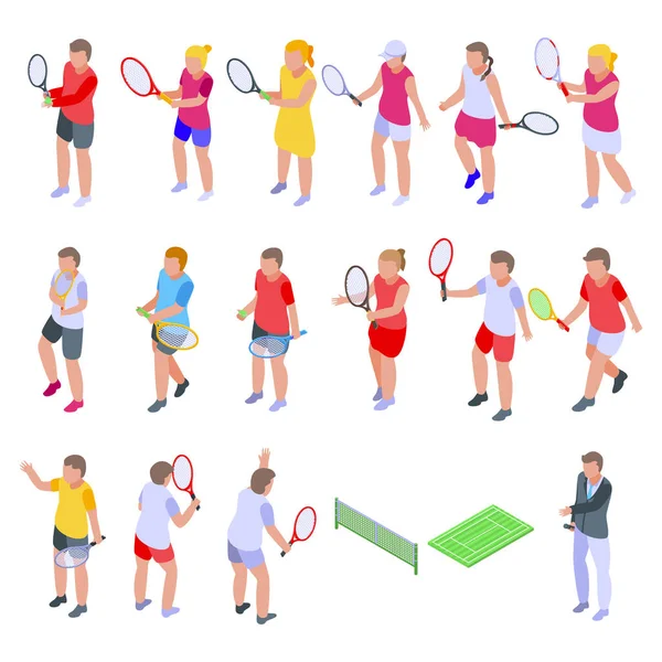 Kids playing tennis icons set, isometric style — Stock Vector