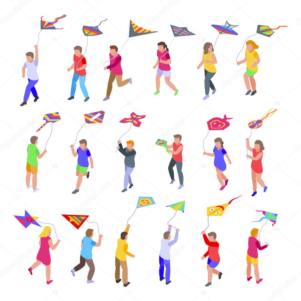 Kids playing with kite icons set, isometric style