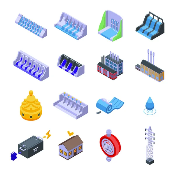 Conjunto de iconos de energía hidráulica, estilo isométrico — Archivo Imágenes Vectoriales