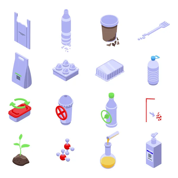 Biologiskt nedbrytbara plast ikoner set, isometrisk stil — Stock vektor