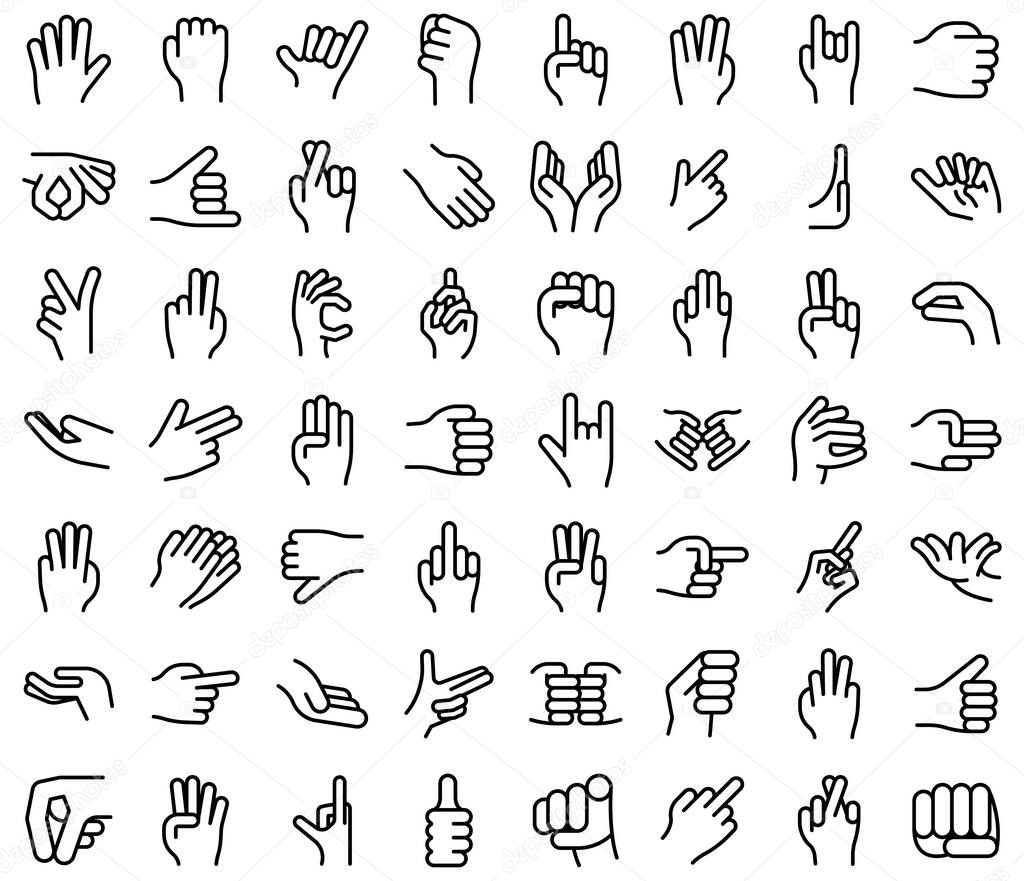 Hand gestures icons set, outline style