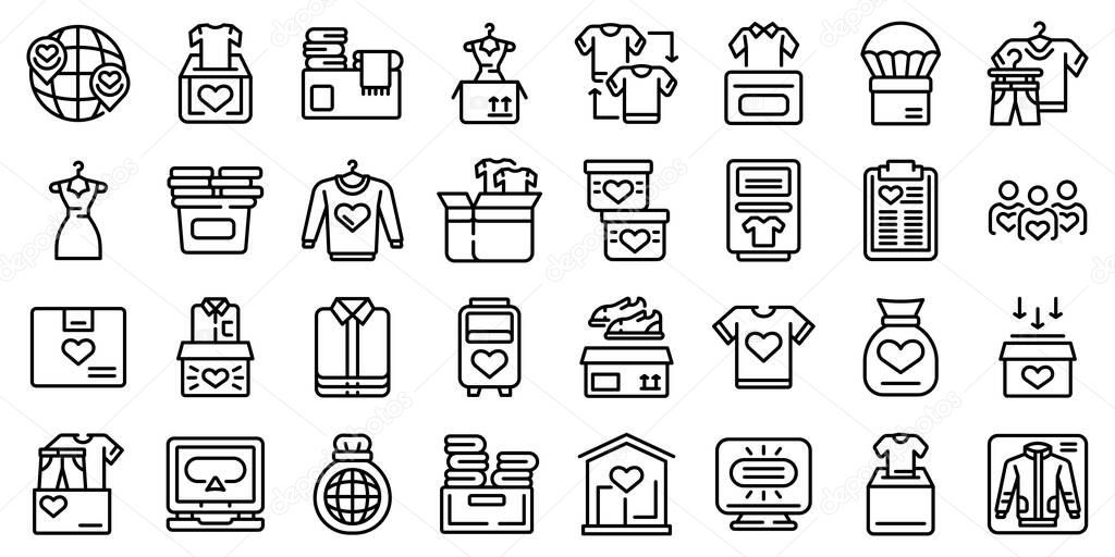 Clothes donation icons set, outline style