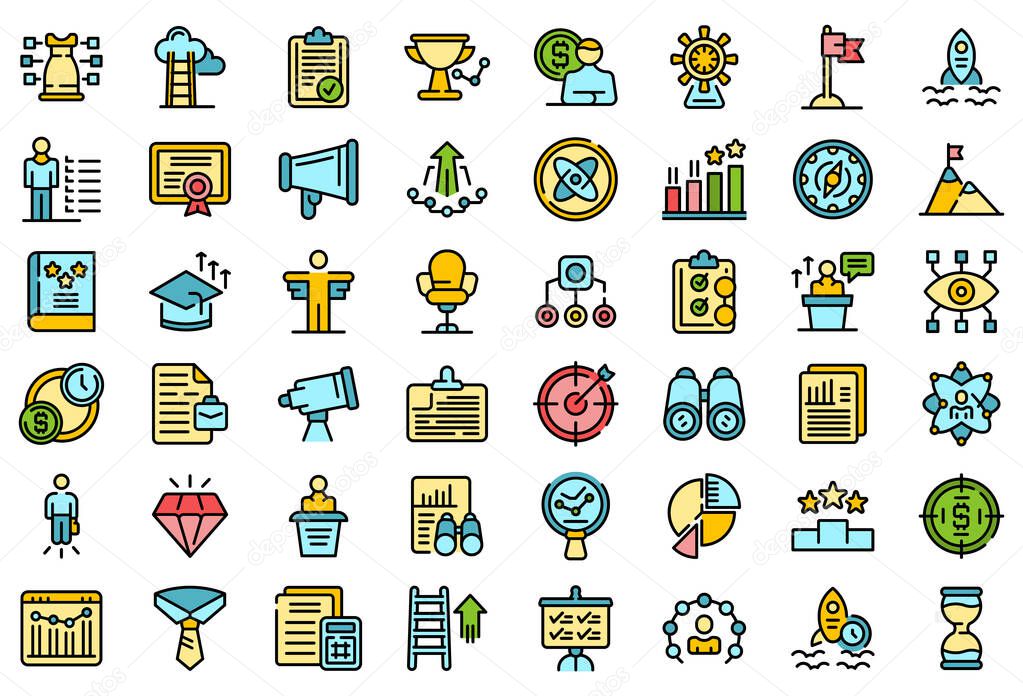 Successful career icons set. Outline set of successful career vector icons thin line color flat on white