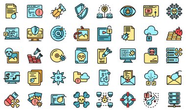 Kötü amaçlı yazılım simgeleri ayarlandı. Yazılım vektörü simgelerinin ana hatları beyaz üzerine ince çizgi rengi düz