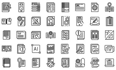 Technical document icons set, outline style