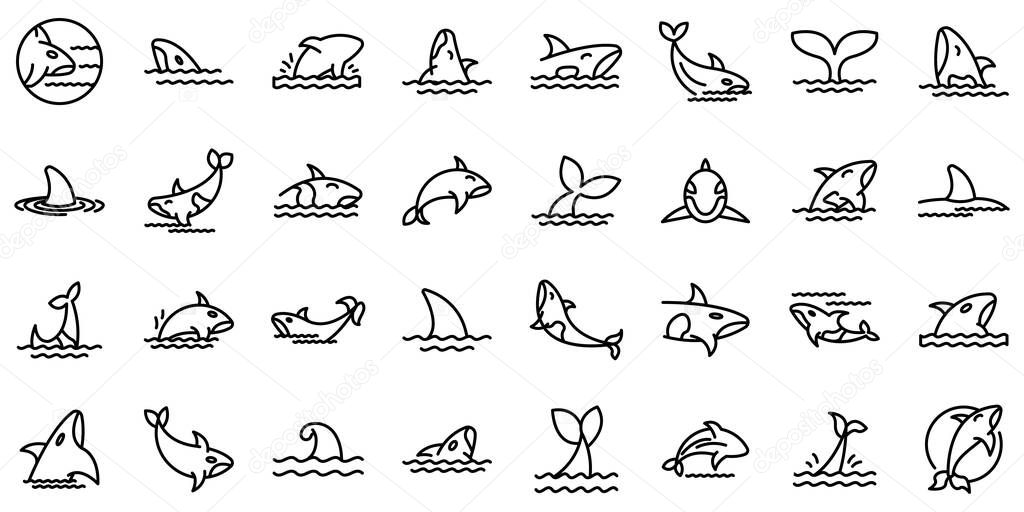 Killer whale icons set, outline style