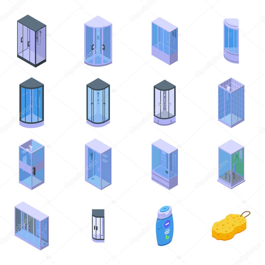 Shower stall icons set. Isometric set of shower stall vector icons for web design isolated on white background