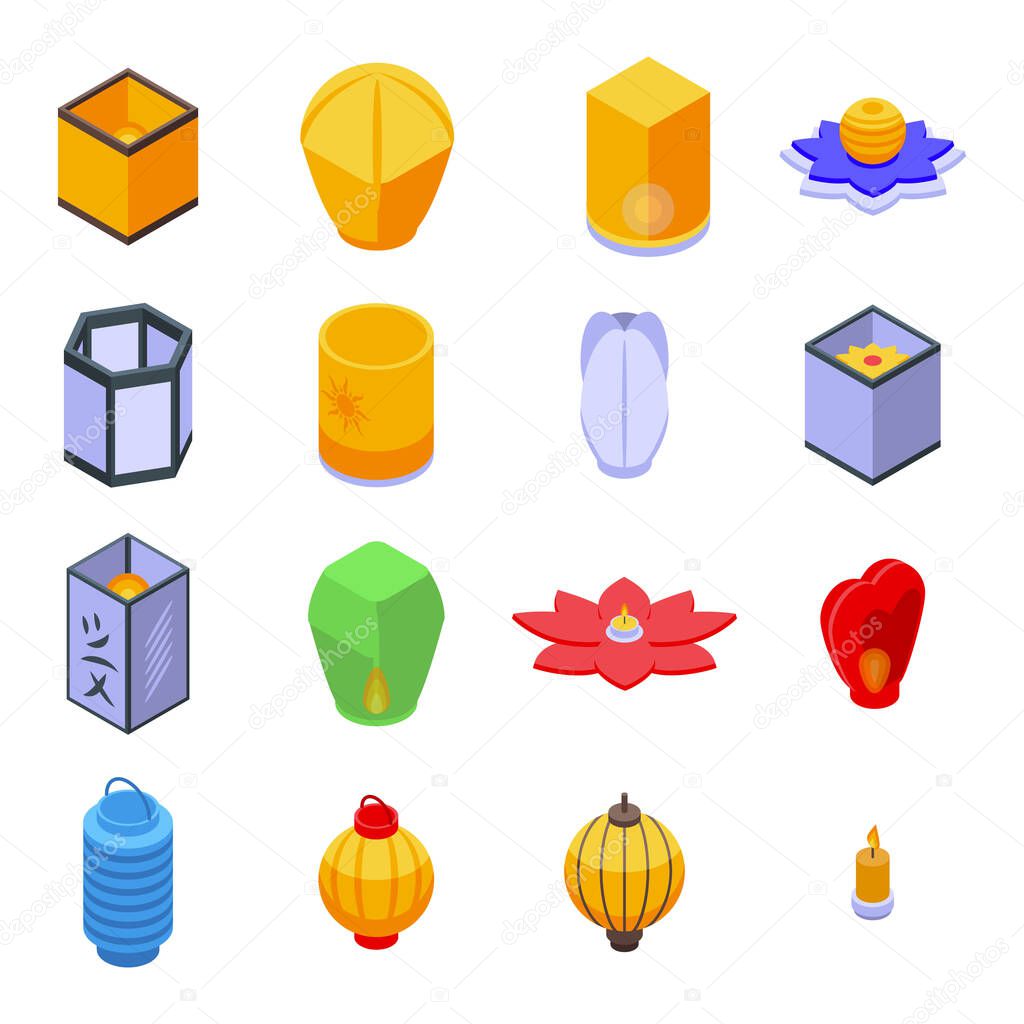 Floating lantern icons set. Isometric set of floating lantern vector icons for web design isolated on white background