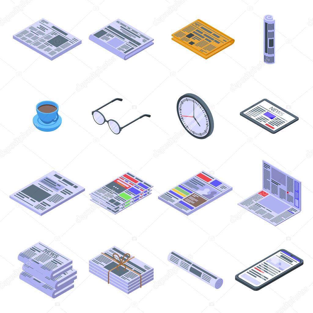 Newspaper icons set. Isometric set of newspaper vector icons for web design isolated on white background