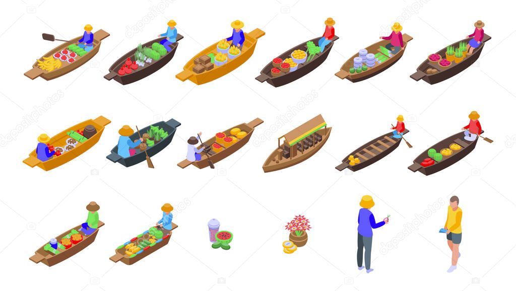 Floating market icons set. Isometric set of floating market vector icons for web design isolated on white background