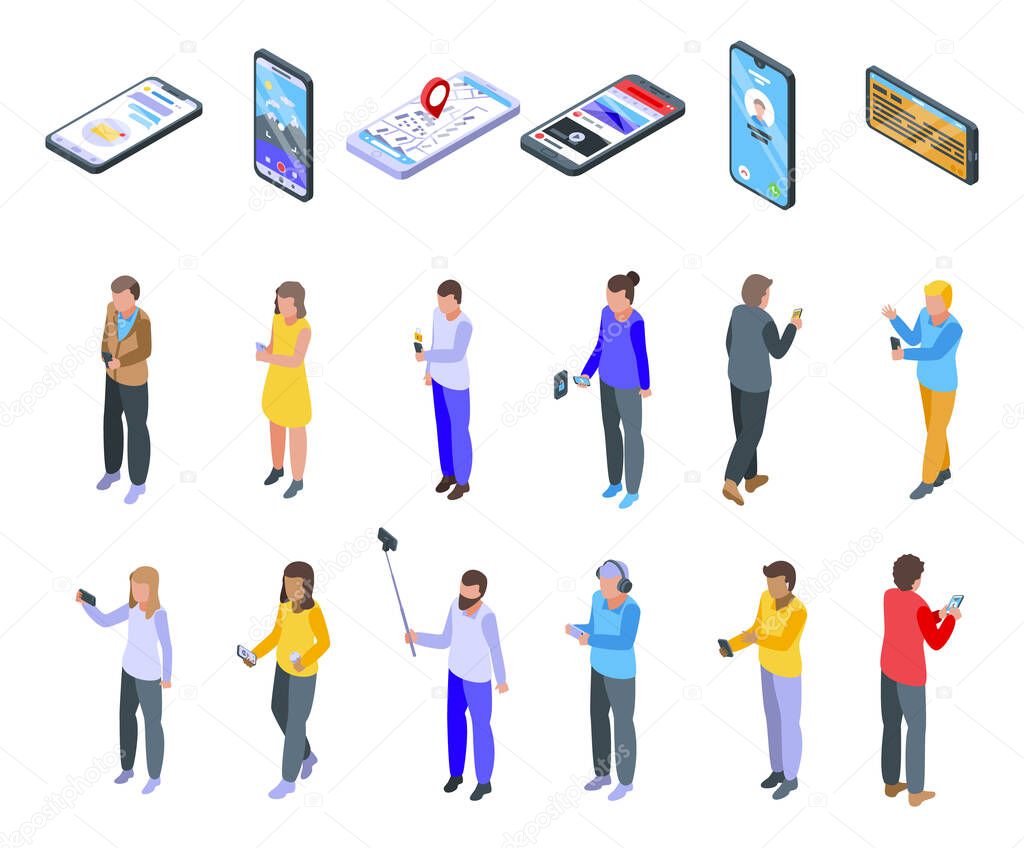 Using smartphone icons set. Isometric set of using smartphone vector icons for web design isolated on white background