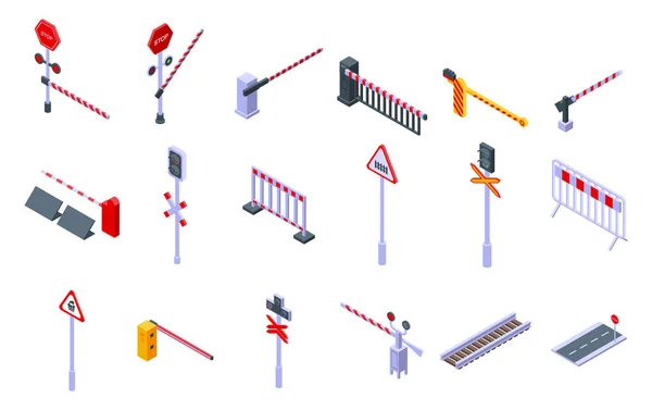 Conjunto de iconos de barrera de ferrocarril, estilo isométrico — Archivo Imágenes Vectoriales