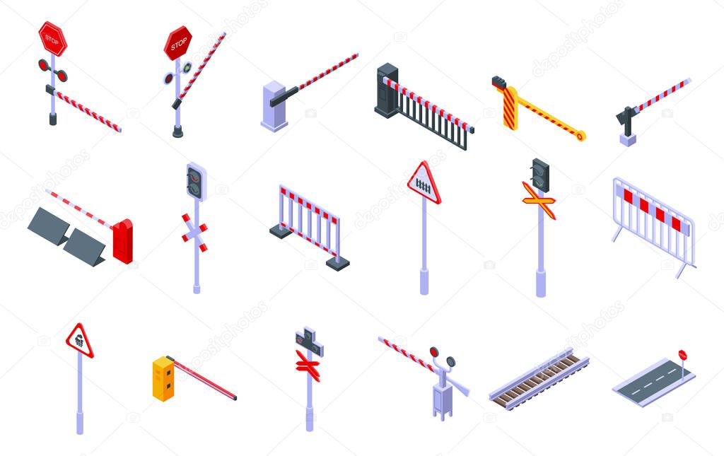 Railroad barrier icons set, isometric style