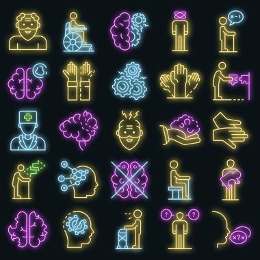 Alzheimers disease icons set vector neon clipart