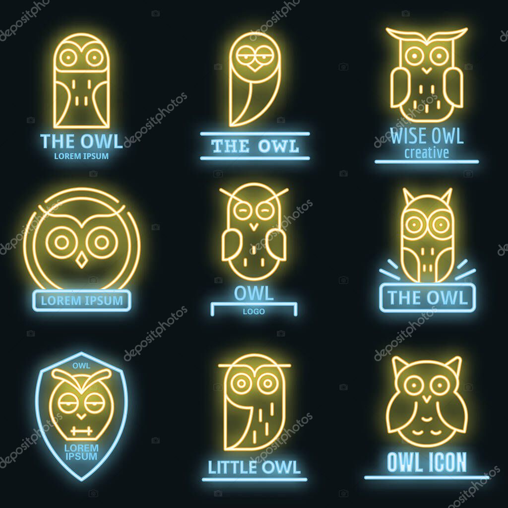 Owl logo set. Outline set of owl vector logo neon color on black