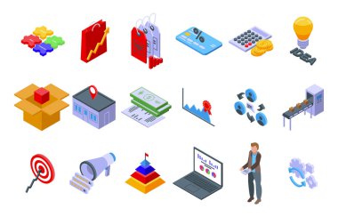 Pazarlama karıştırma simgeleri seti, izometrik biçim