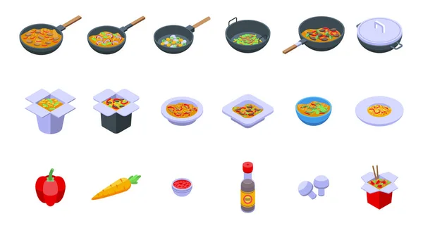 Conjunto de iconos de menú Wok, estilo isométrico — Vector de stock
