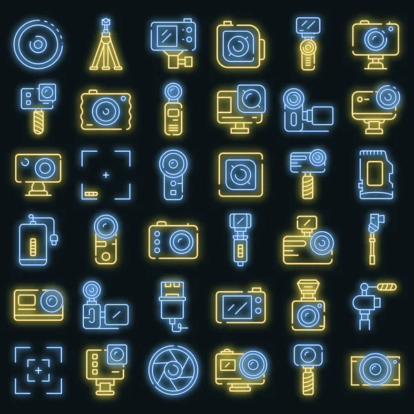 Acción iconos de la cámara conjunto vector de neón — Archivo Imágenes Vectoriales