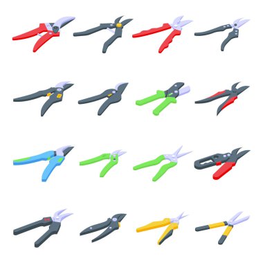 Secateurs simgeleri ayarlandı, izometrik biçim