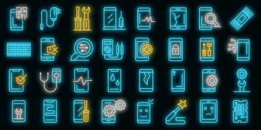 Cep telefonu onarım simgeleri vektör neonu ayarla