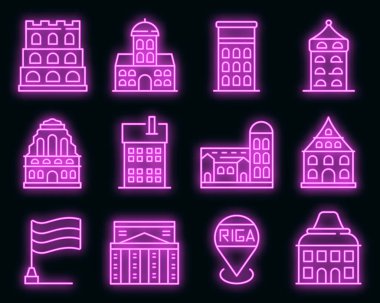 Riga simgeleri vektör neonunu ayarla