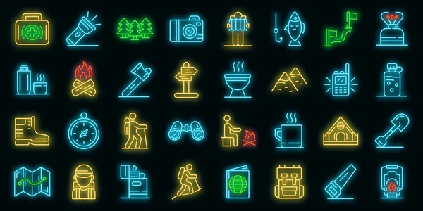 Hiking icons set vector neon — Stock Vector