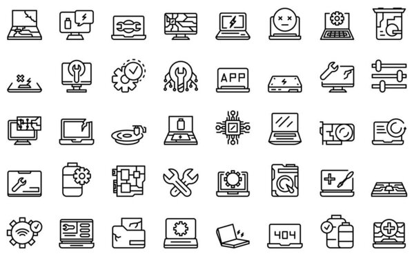 Laptop repair icons set, outline style