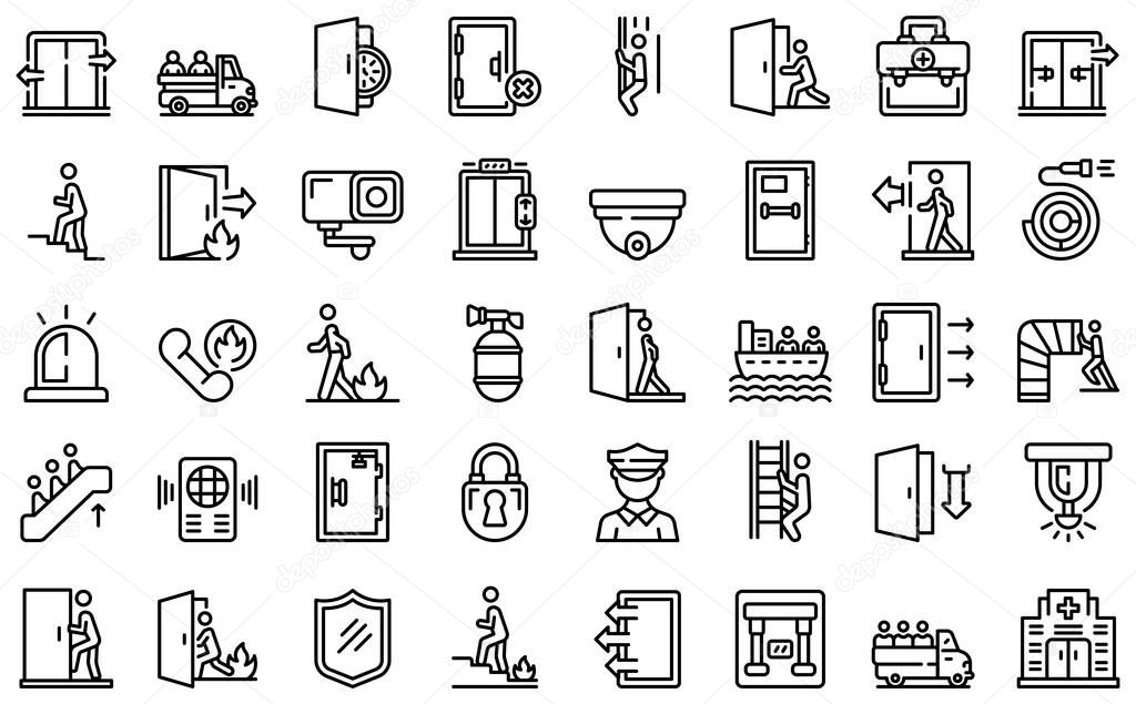 Human evacuation icons set, outline style