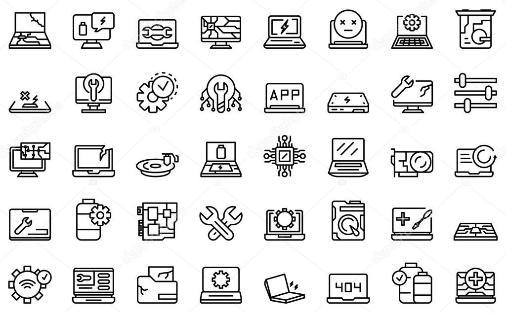 Laptop repair icons set, outline style