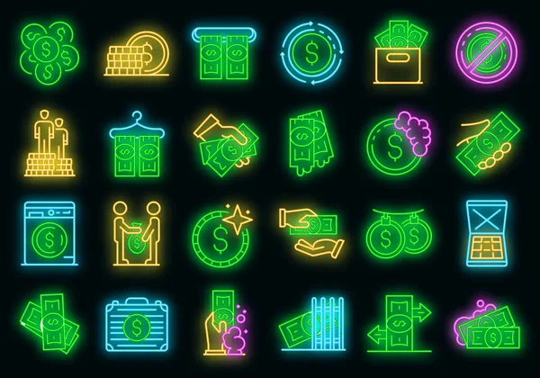 Witwassen van geld pictogrammen ingesteld vector neon — Stockvector