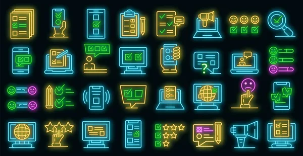 Iconos de encuesta en línea set vector neón — Vector de stock