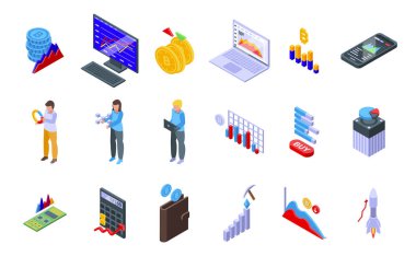 Bitcoin grafik simgeleri ayarlandı, izometrik biçim