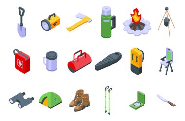 Yürüyüş simgeleri seti için ekipman, izometrik biçim