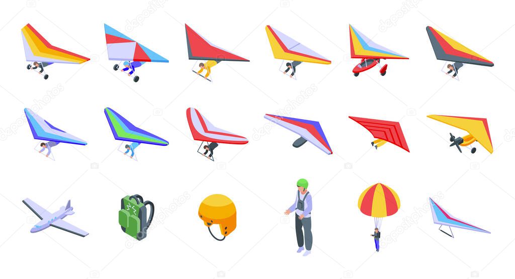 Hang glider icons set, isometric style