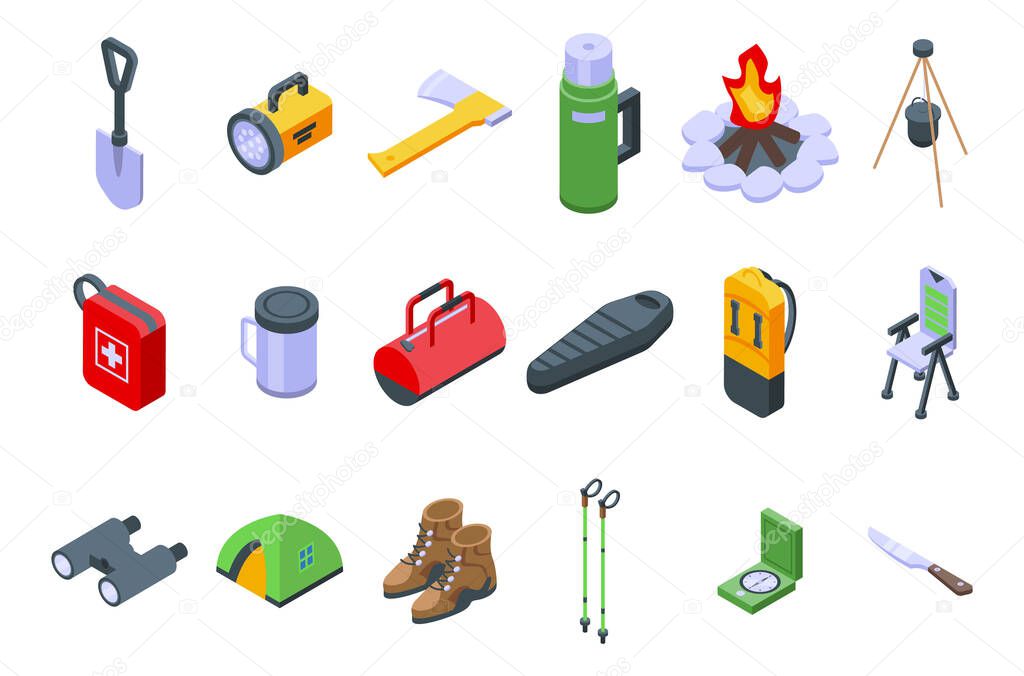 Equipment for hike icons set, isometric style