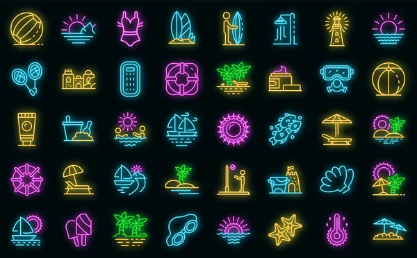 Beach landscape icons set vector neon — Stock Vector