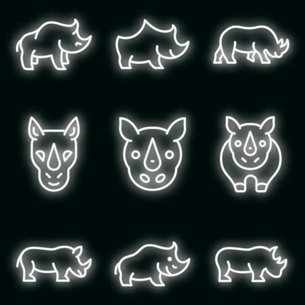 Rhino iconos conjunto vector de neón — Vector de stock