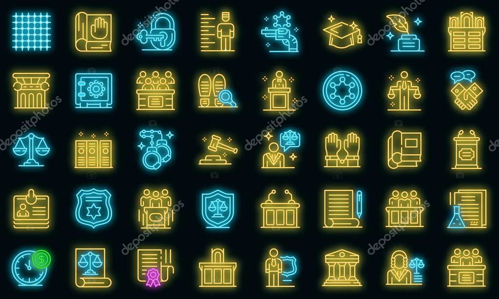 Prosecutor icons set. Outline set of prosecutor vector icons neon color on black
