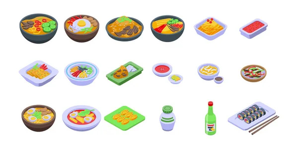 Korean cuisine icons set, isometric style — Vetor de Stock