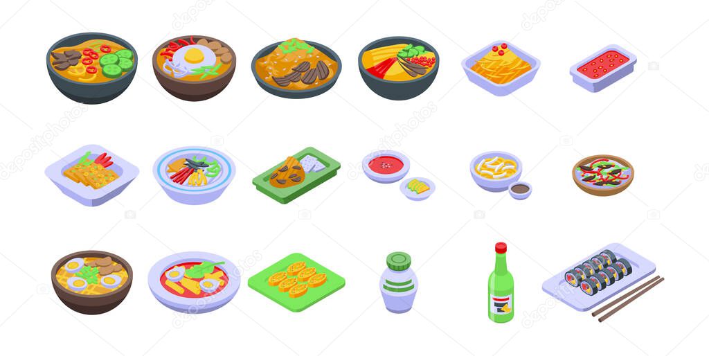 Korean cuisine icons set, isometric style