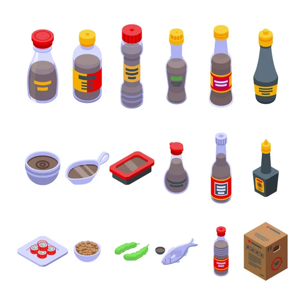 Set de iconos de salsa de soja, estilo isométrico — Vector de stock