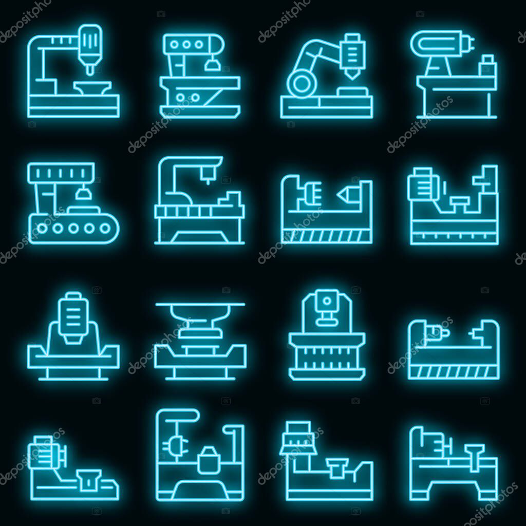 Lathe icons set. Outline set of lathe vector icons neon color on black