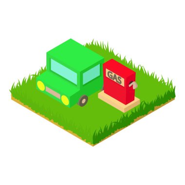 Benzin istasyonu ikonu izometrik vektöründeki araba. Doldurma İstasyonu